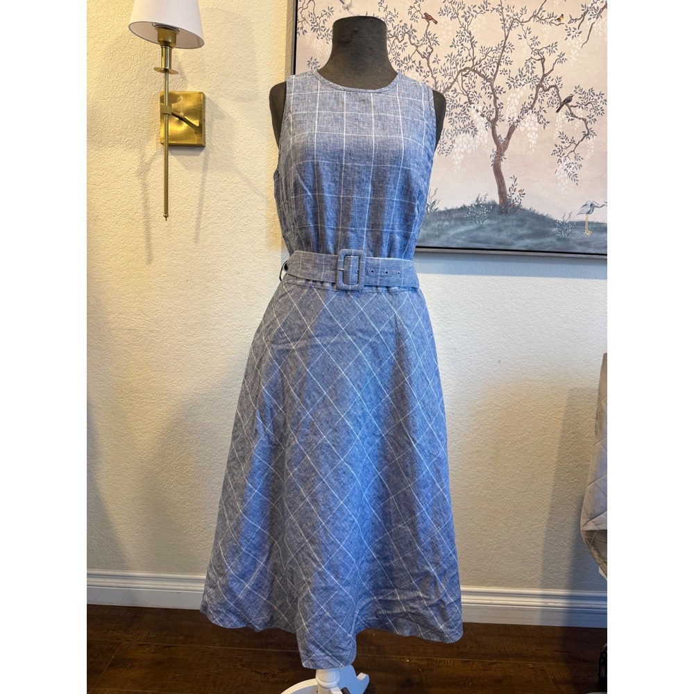 Brooks Brothers Blue Plaid Sleeveless Midi Dress with Belt size 14